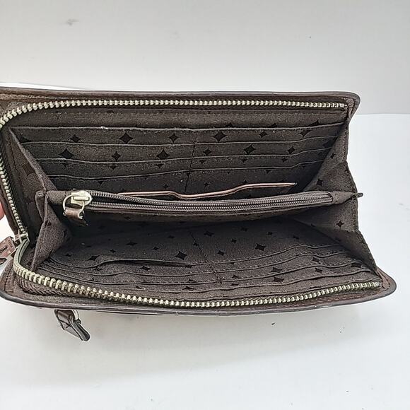 Fossil Key-Per Wallet Floral Print Zip Around Brown Leather Trim Colorful - Picture 4 of 6